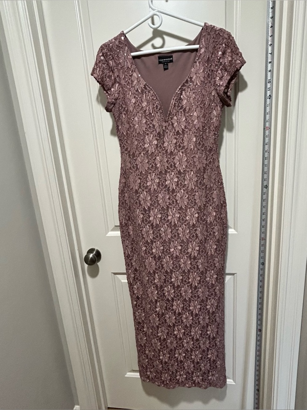 Connected Apparel women size 6 LIKE NEW blush Lace Sequin Cap-Sleeve party Dress